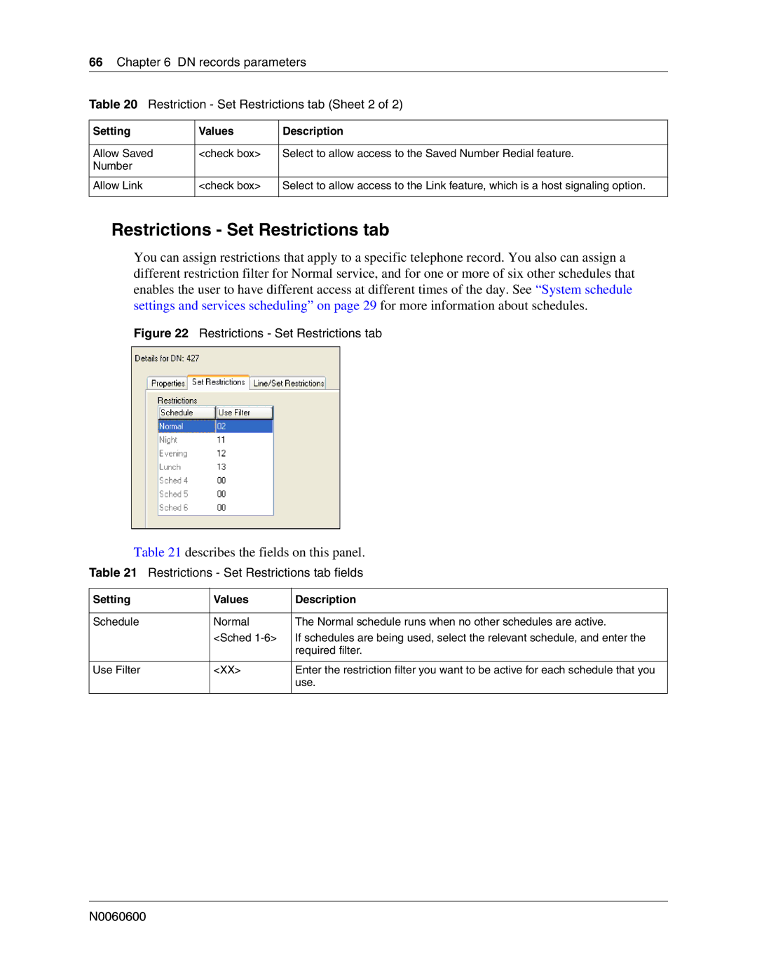 Nortel Networks N0060600 manual Restrictions Set Restrictions tab fields 