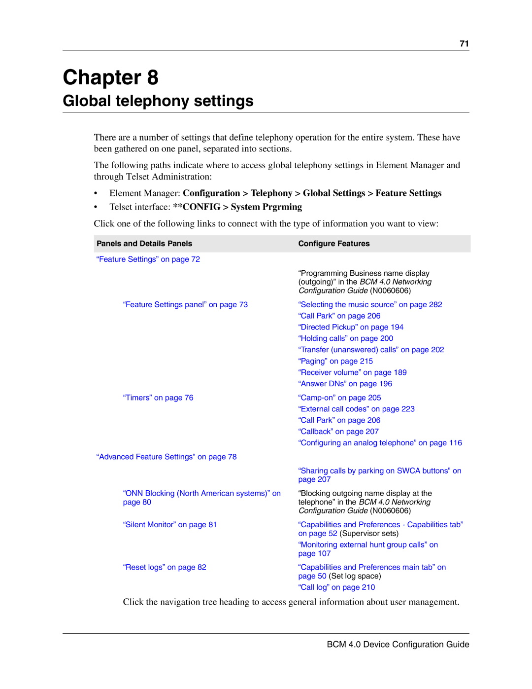 Nortel Networks N0060600 manual Global telephony settings, Panels and Details Panels Configure Features 