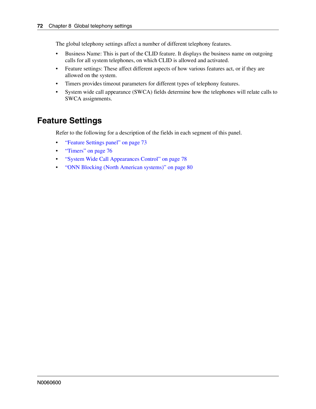 Nortel Networks N0060600 manual Feature Settings, Global telephony settings 