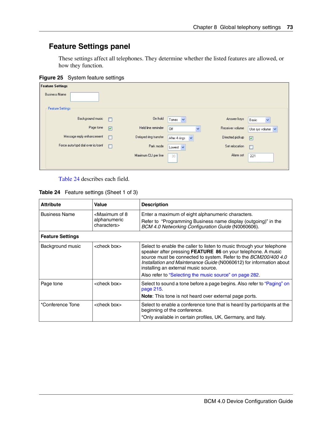 Nortel Networks N0060600 manual Feature Settings panel, Describes each field, Feature settings Sheet 1 