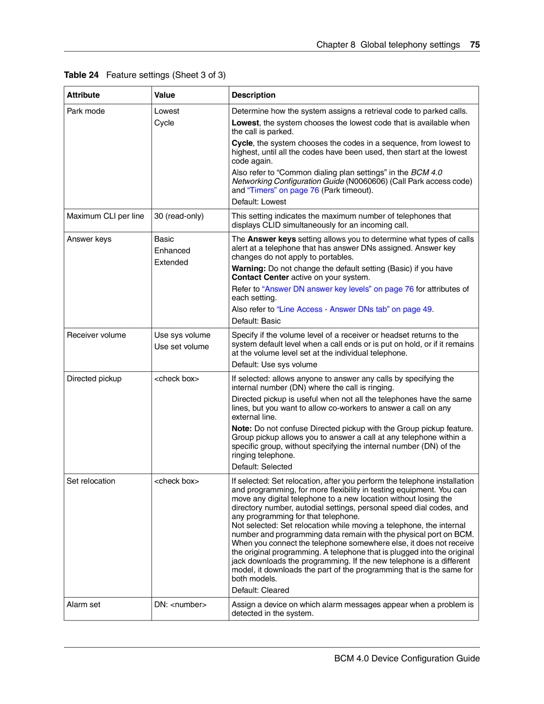 Nortel Networks N0060600 manual Feature settings Sheet 3, Timers on page 76 Park timeout 