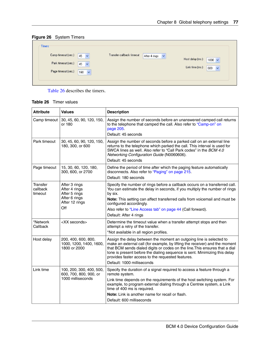 Nortel Networks N0060600 manual Describes the timers, Timer values 