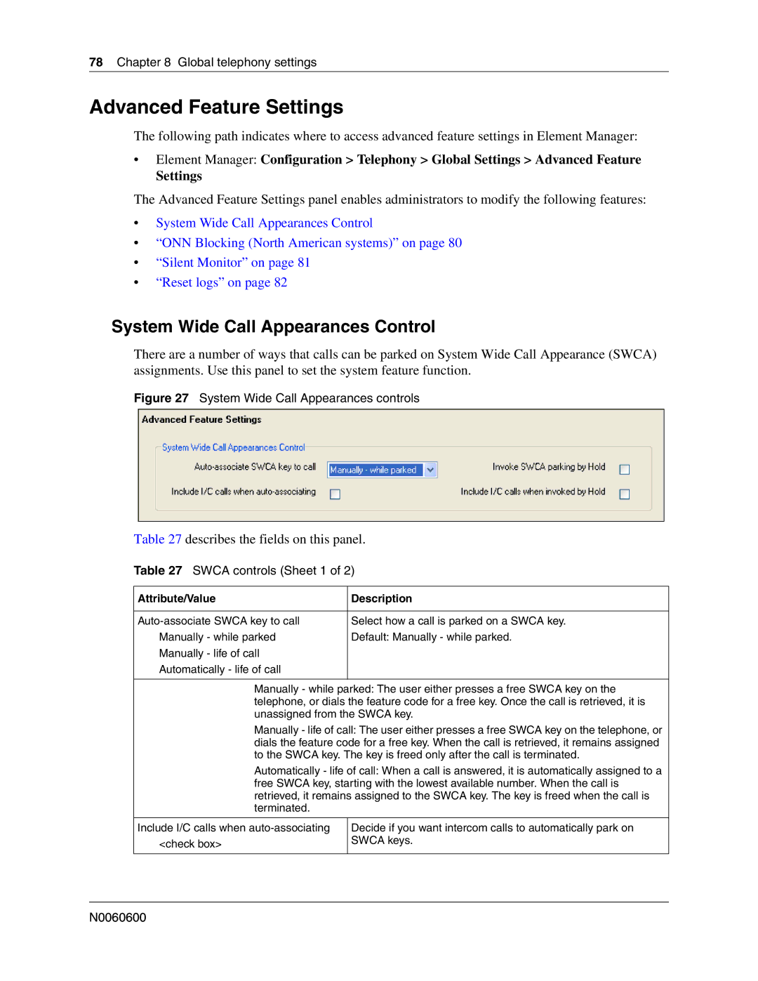 Nortel Networks N0060600 manual Advanced Feature Settings, System Wide Call Appearances Control, Swca controls Sheet 1 