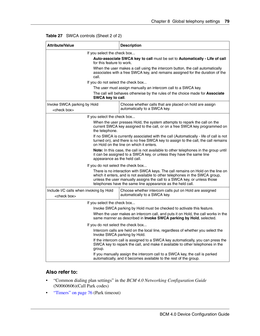 Nortel Networks N0060600 manual Also refer to, Global telephony settings Swca controls Sheet 2 