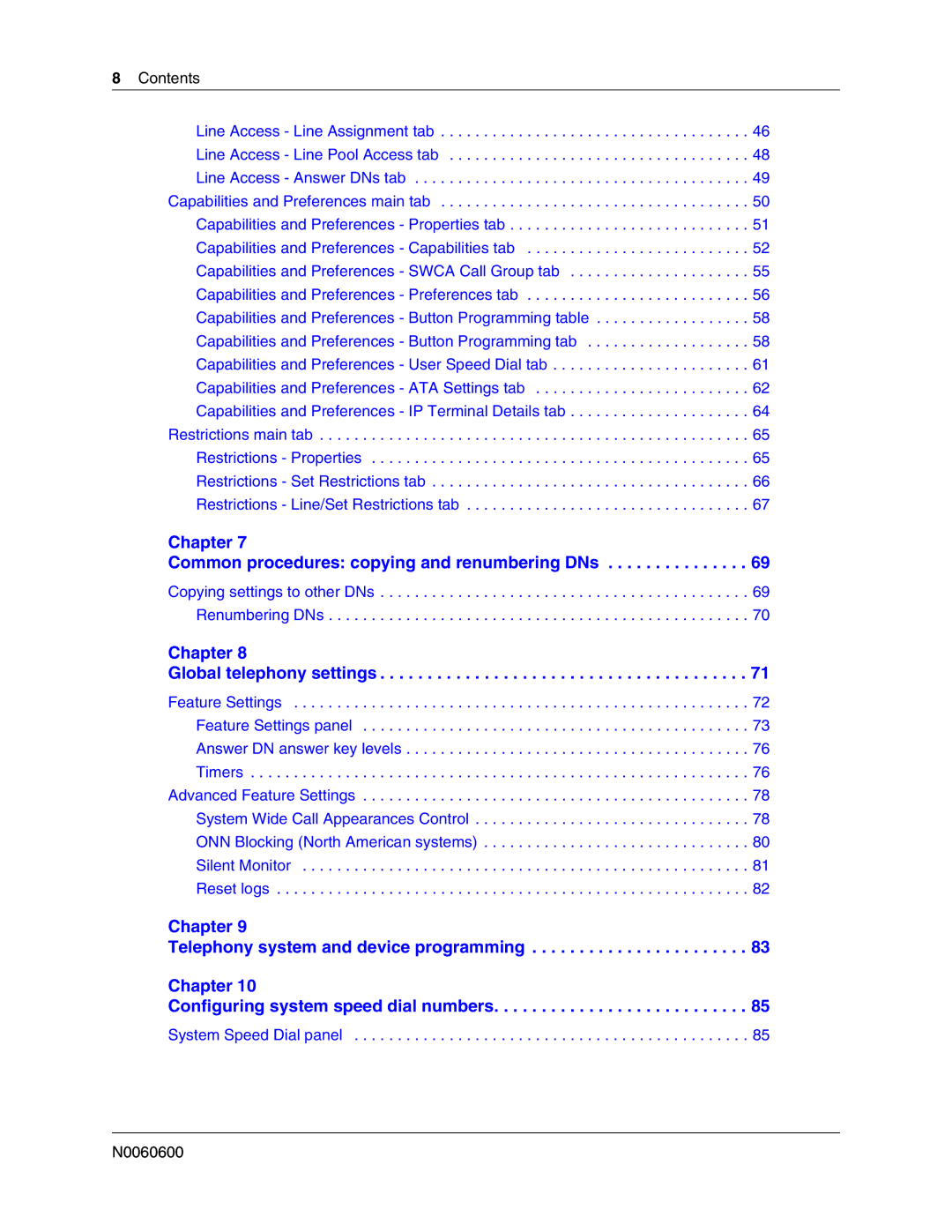 Nortel Networks N0060600 manual Chapter Global telephony settings, Contents 