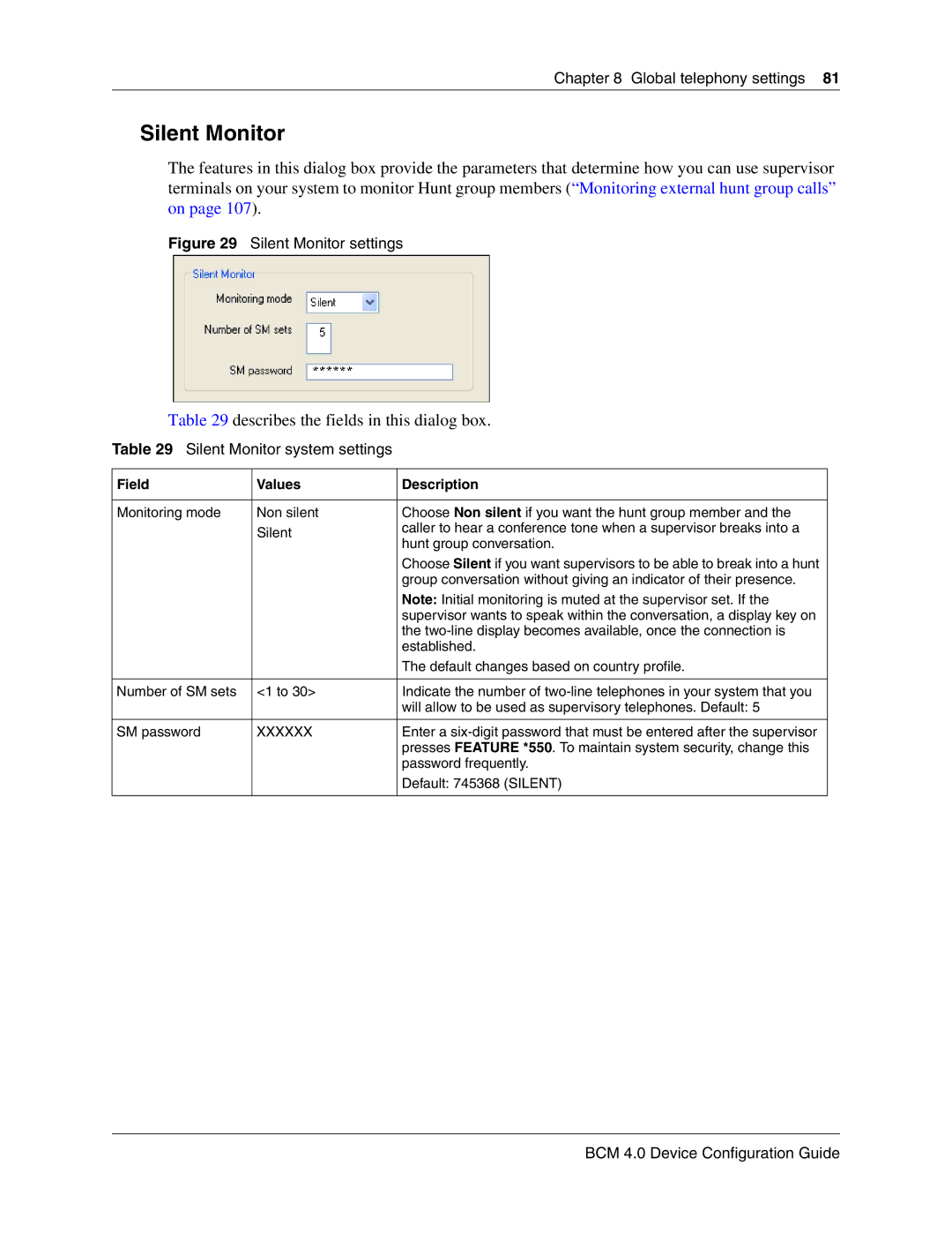 Nortel Networks N0060600 manual Describes the fields in this dialog box, Silent Monitor system settings 