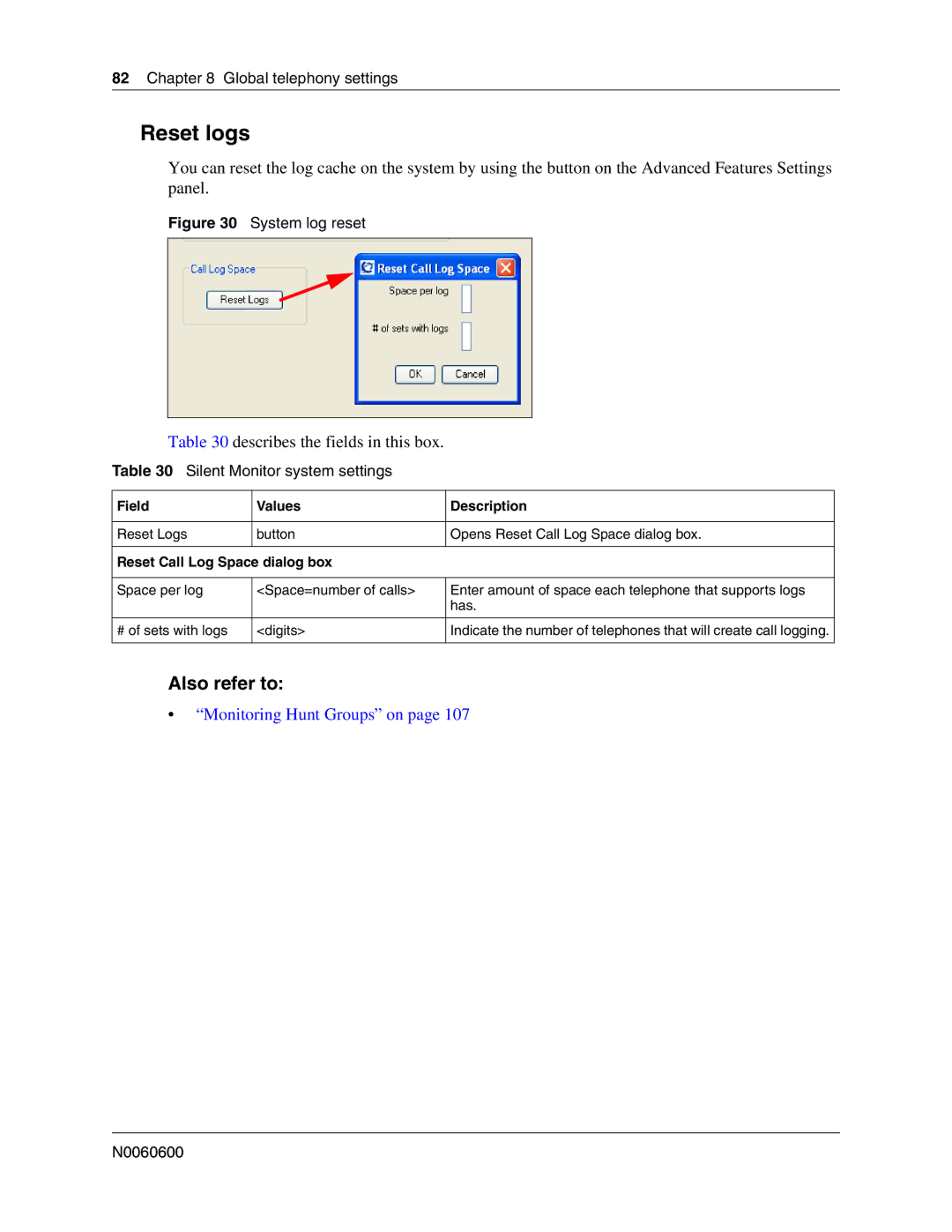 Nortel Networks N0060600 manual Reset logs, Describes the fields in this box, Reset Call Log Space dialog box 