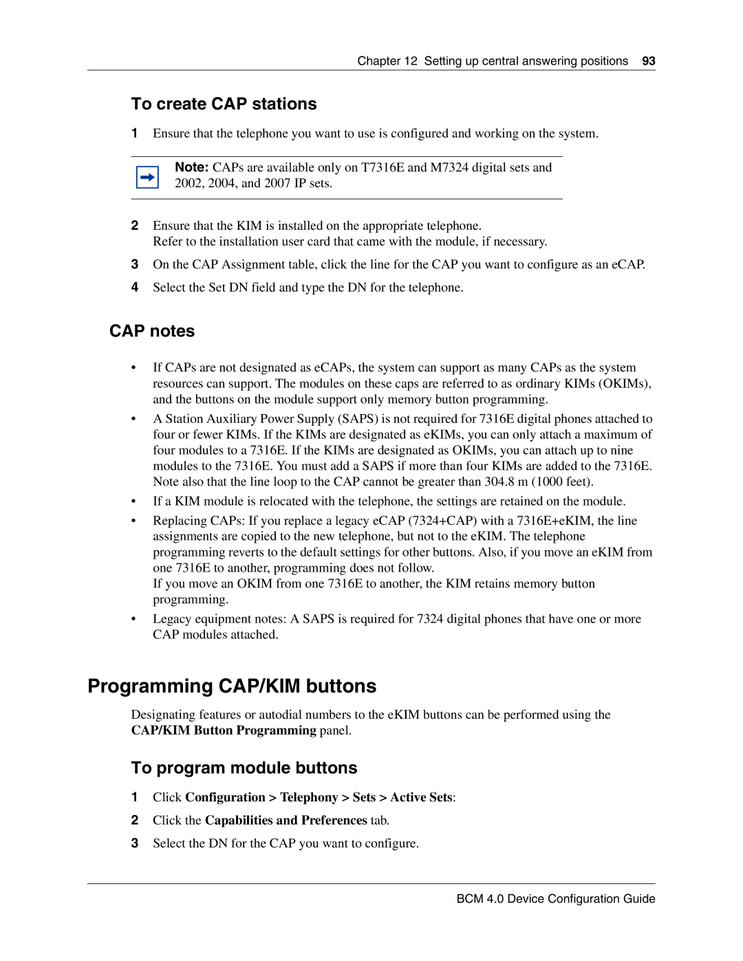 Nortel Networks N0060600 manual Programming CAP/KIM buttons, To create CAP stations, CAP notes, To program module buttons 