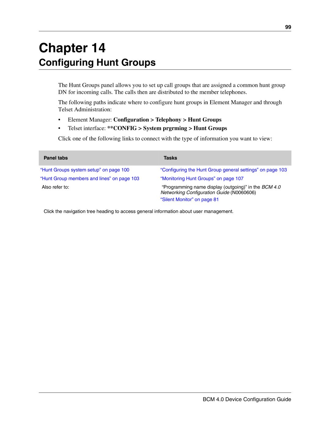 Nortel Networks N0060600 manual Configuring Hunt Groups, Panel tabs Tasks 