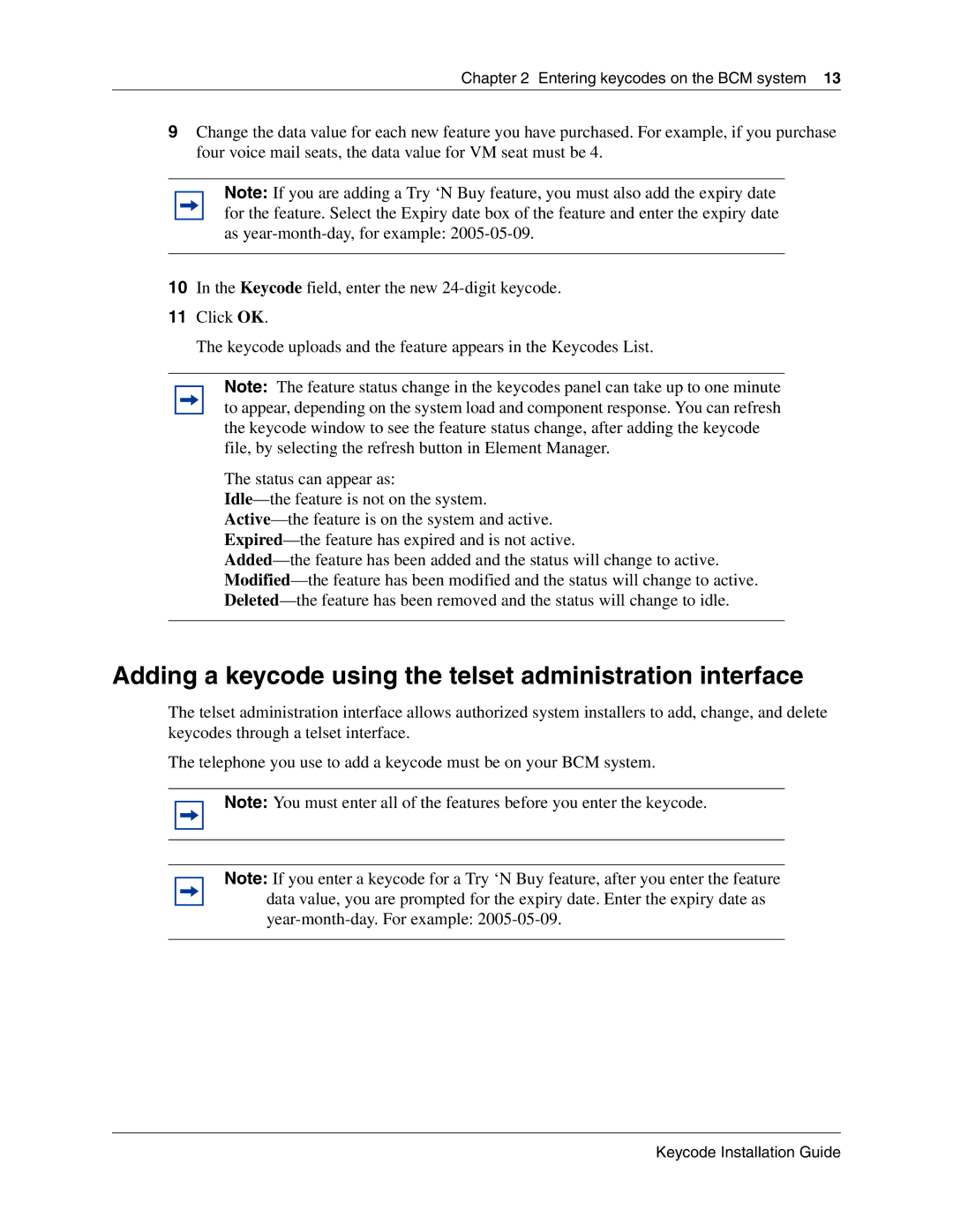 Nortel Networks N0060604 manual Adding a keycode using the telset administration interface 