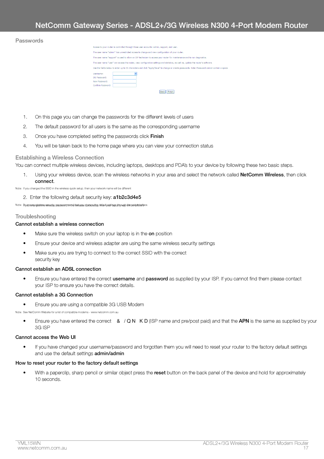 Nortel Networks N300 manual Passwords, Establishing a Wireless Connection, Troubleshooting 