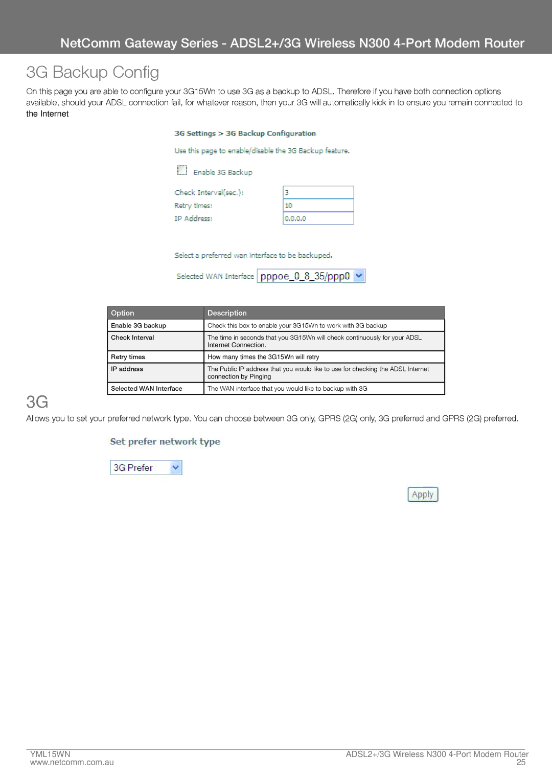 Nortel Networks N300 manual 3G Backup Config, Option Description 