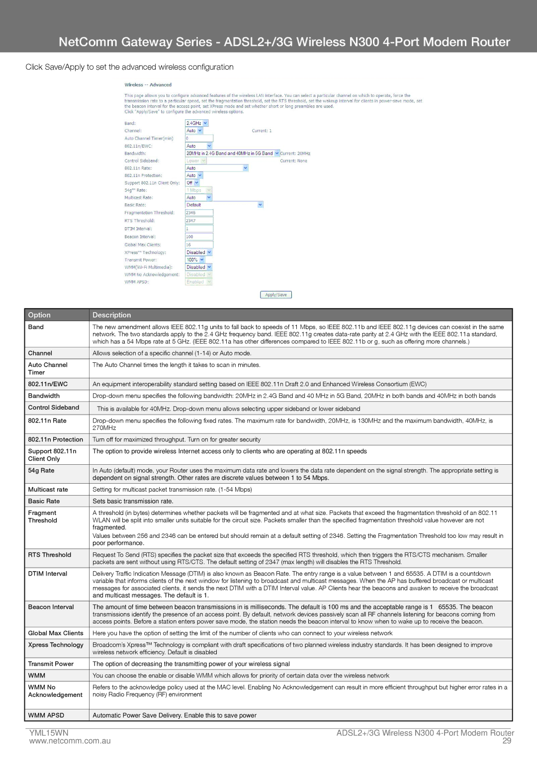 Nortel Networks N300 manual Click Save/Apply to set the advanced wireless configuration 