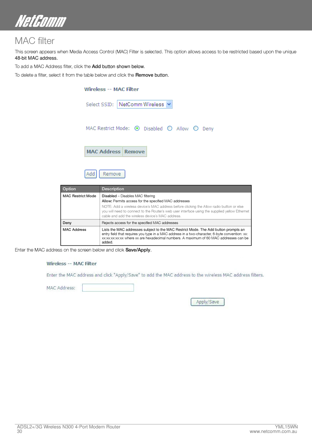 Nortel Networks N300 manual MAC filter, Cable and add the wireless device’s MAC address 