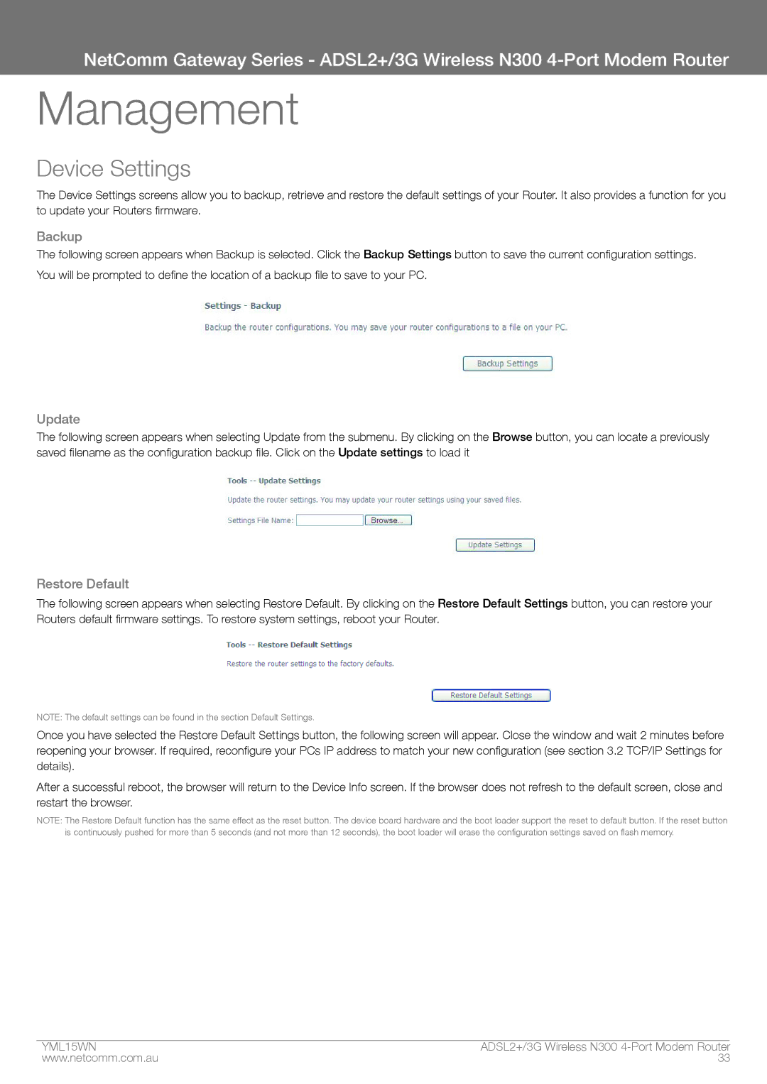 Nortel Networks N300 manual Management, Device Settings, Backup, Update, Restore Default 