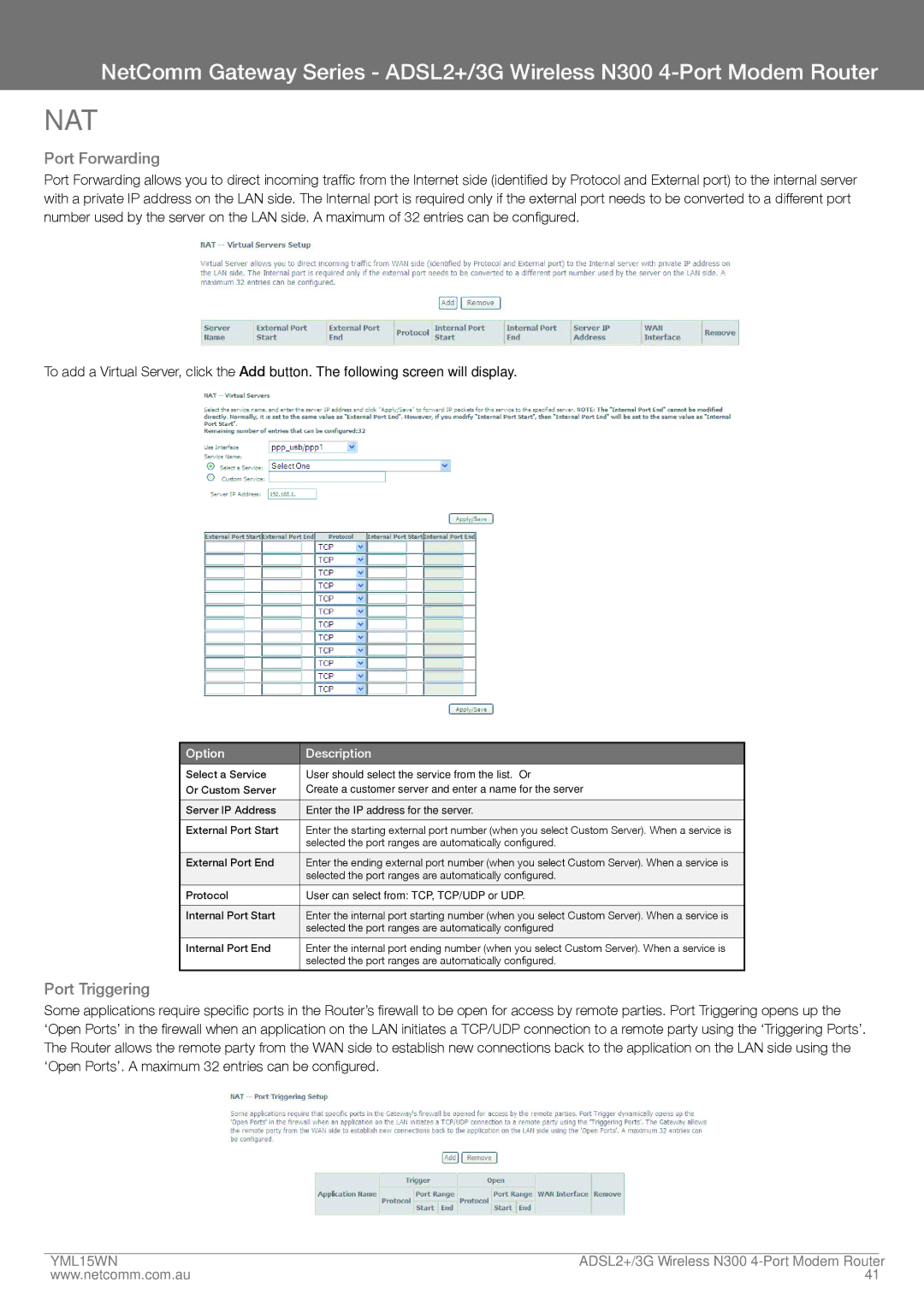 Nortel Networks N300 manual Port Forwarding, Port Triggering 