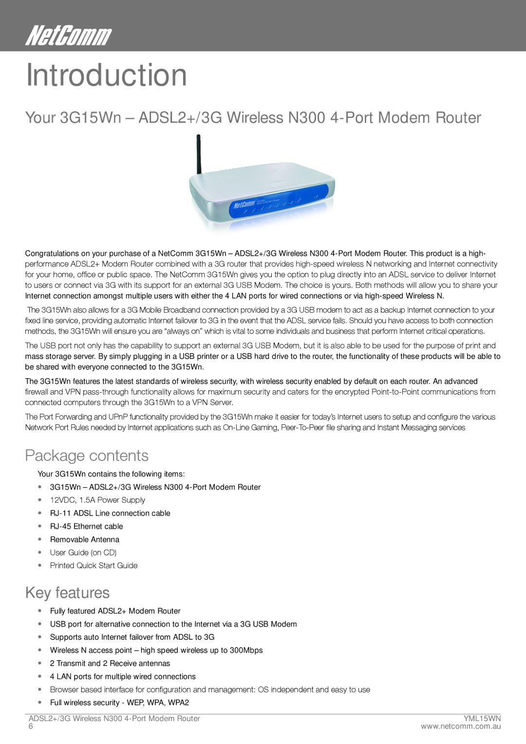 Nortel Networks Introduction, Your 3G15Wn ADSL2+/3G Wireless N300 4-Port Modem Router, Package contents, Key features 