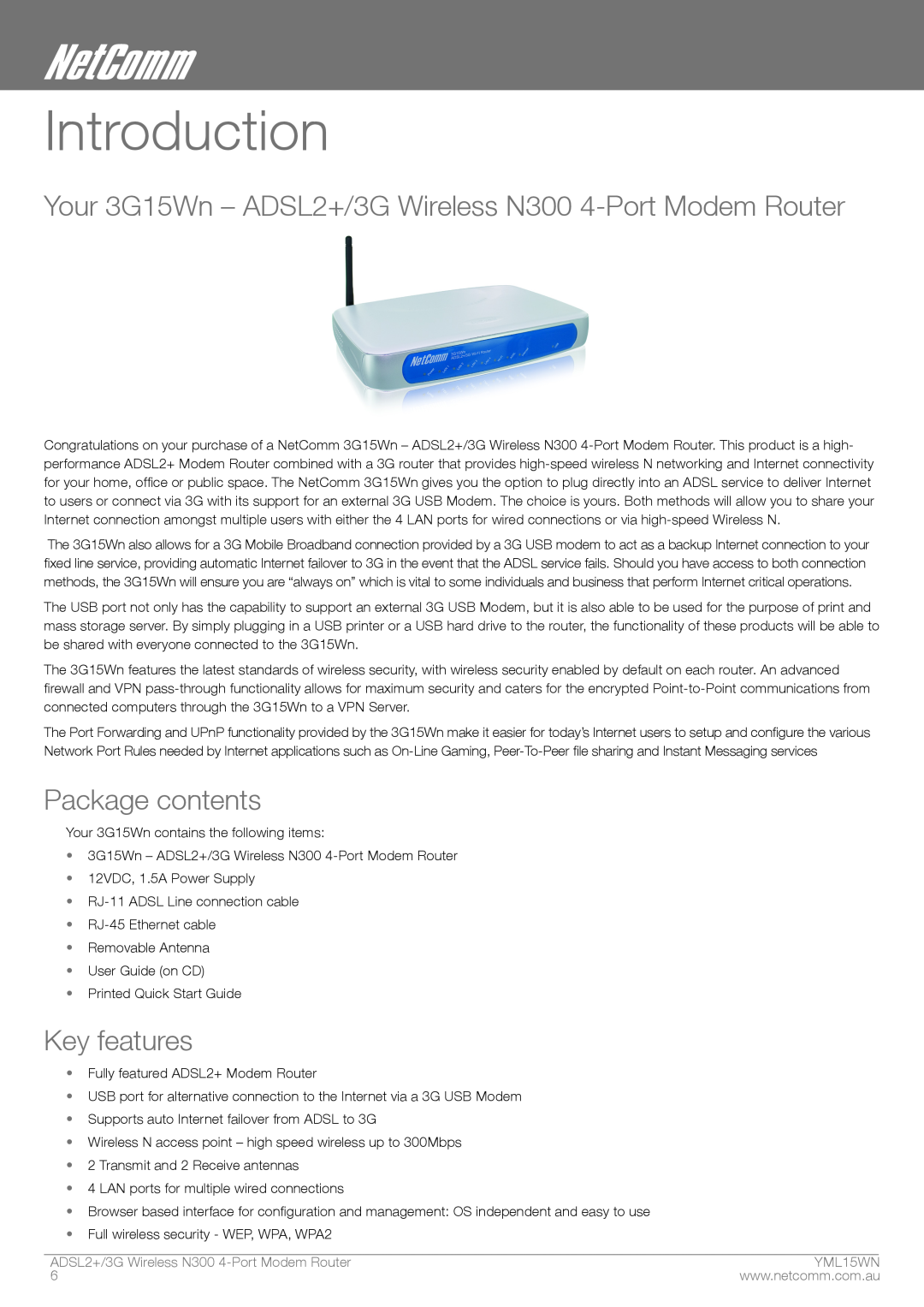 Nortel Networks Introduction, Your 3G15Wn - ADSL2+/3G Wireless N300 4-Port Modem Router, Package contents, Key features 