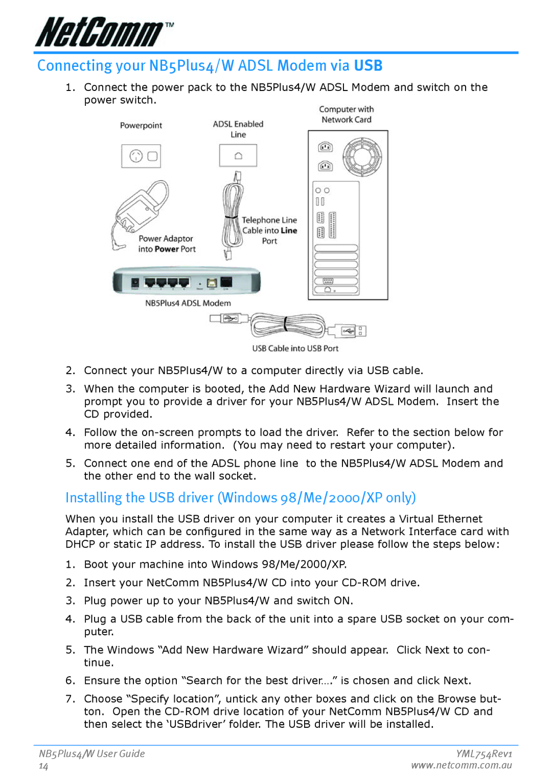 Nortel Networks NB5PLUS4/W manual Connecting your NB5Plus4/W Adsl Modem via USB 