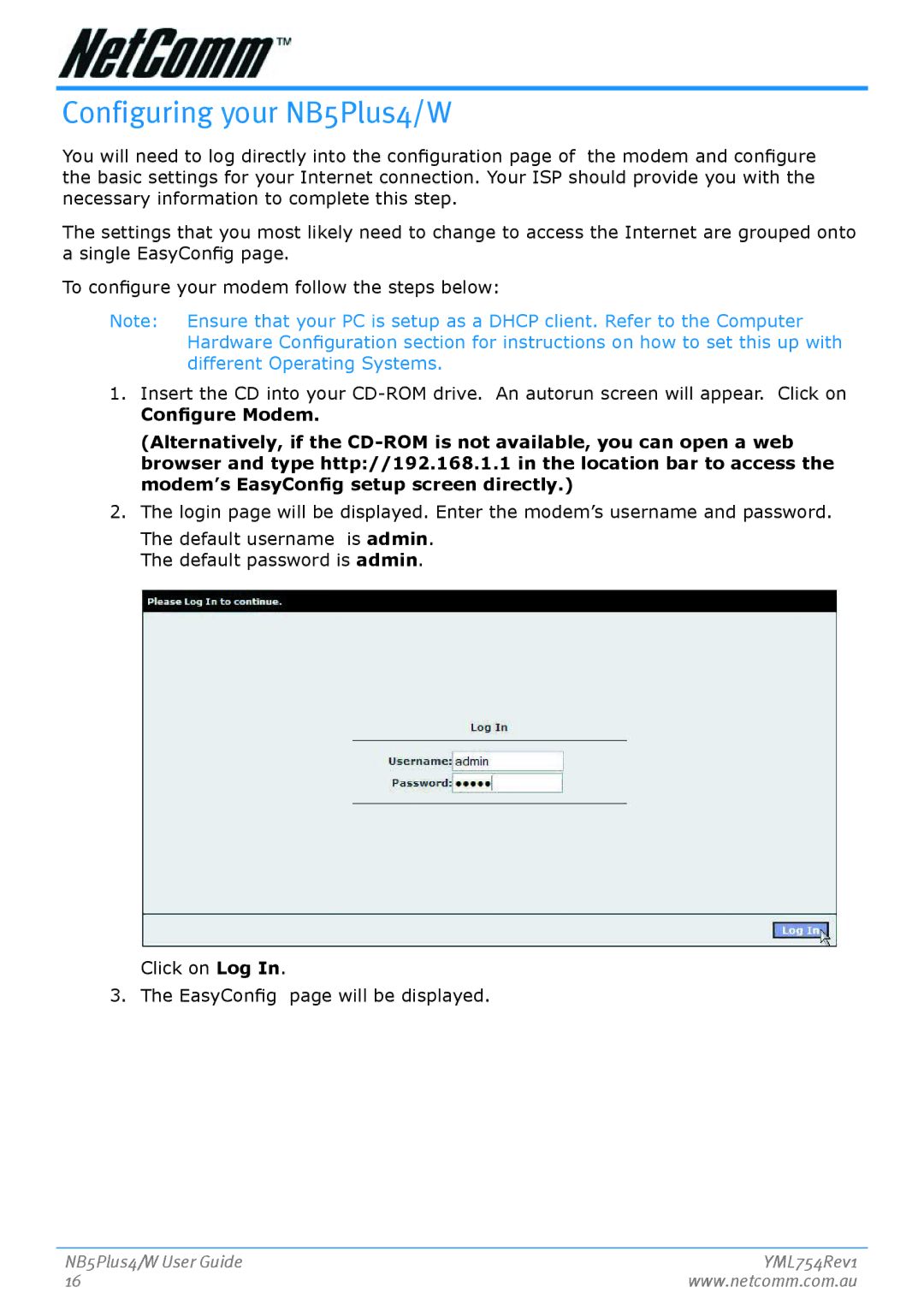 Nortel Networks NB5PLUS4/W manual Configuring your NB5Plus4/W, Click on Log EasyConfig page will be displayed 