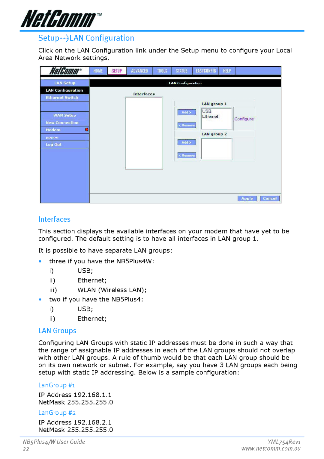 Nortel Networks NB5PLUS4/W manual SetupLAN Configuration, Interfaces, LAN Groups, IP Address NetMask 