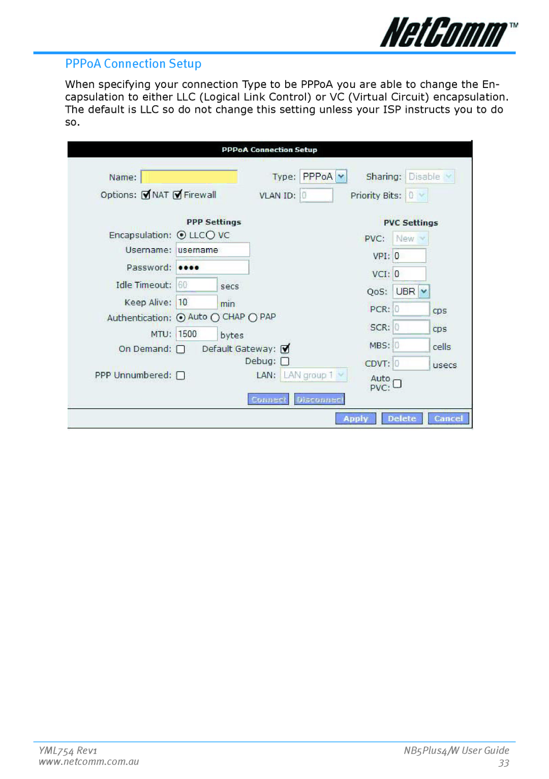 Nortel Networks NB5PLUS4/W manual PPPoA Connection Setup 