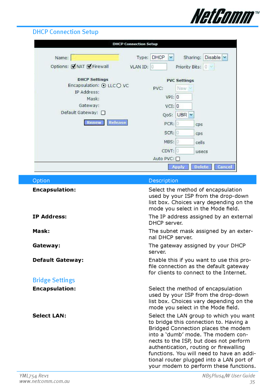 Nortel Networks NB5PLUS4/W manual Dhcp Connection Setup, Bridge Settings, Gateway, Select LAN 