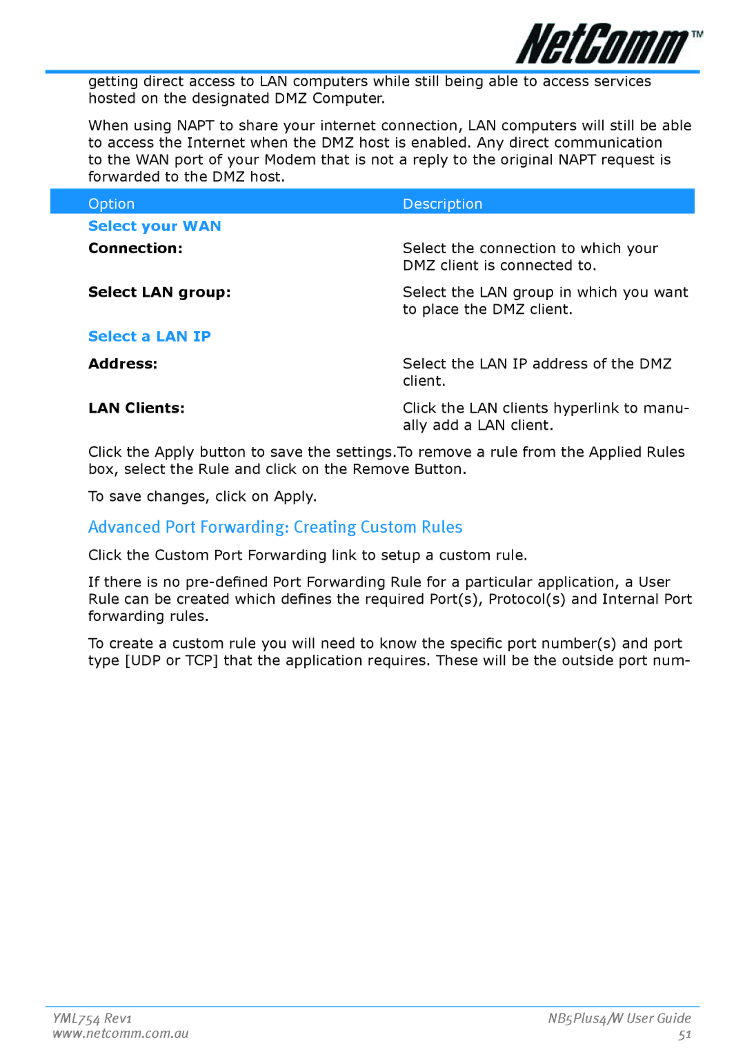 Nortel Networks NB5PLUS4/W manual Advanced Port Forwarding Creating Custom Rules, Connn­ection­, Select LAN g­roup, Address 