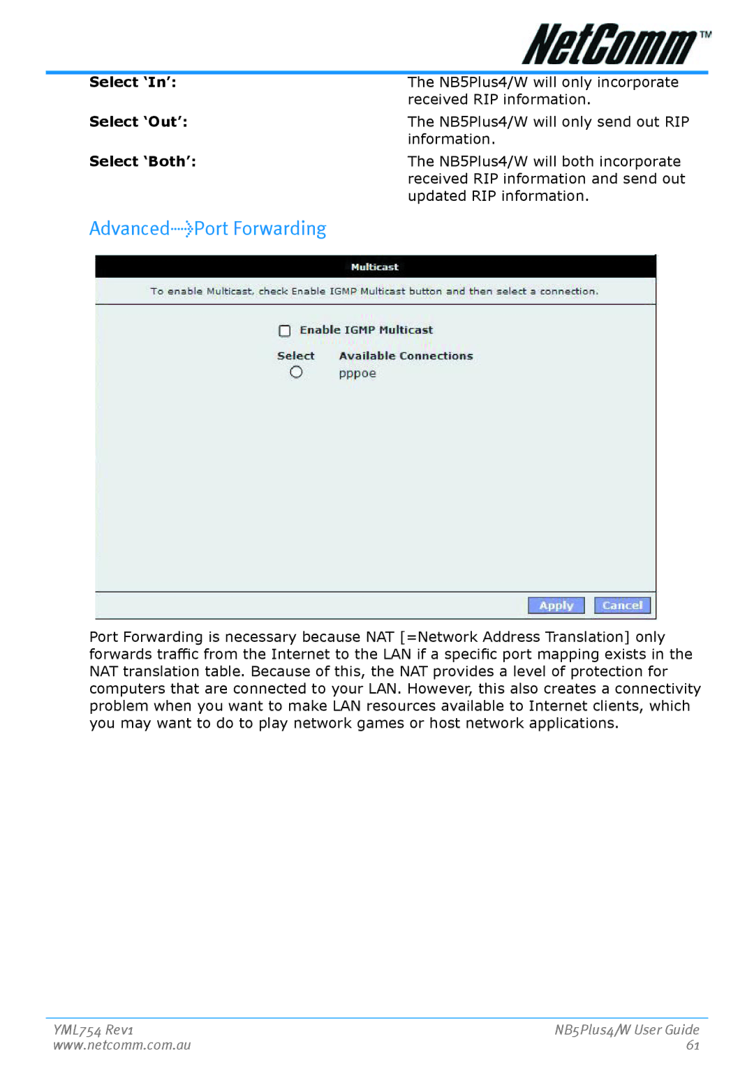 Nortel Networks NB5PLUS4/W manual AdvancedPort Forwarding, Select ‘In­’, Select ‘Out’, Select ‘Both’ 