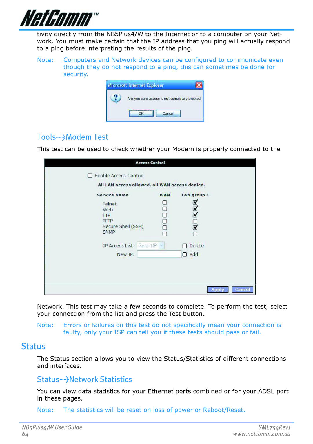 Nortel Networks NB5PLUS4/W manual ToolsModem Test, StatusNetwork Statistics 