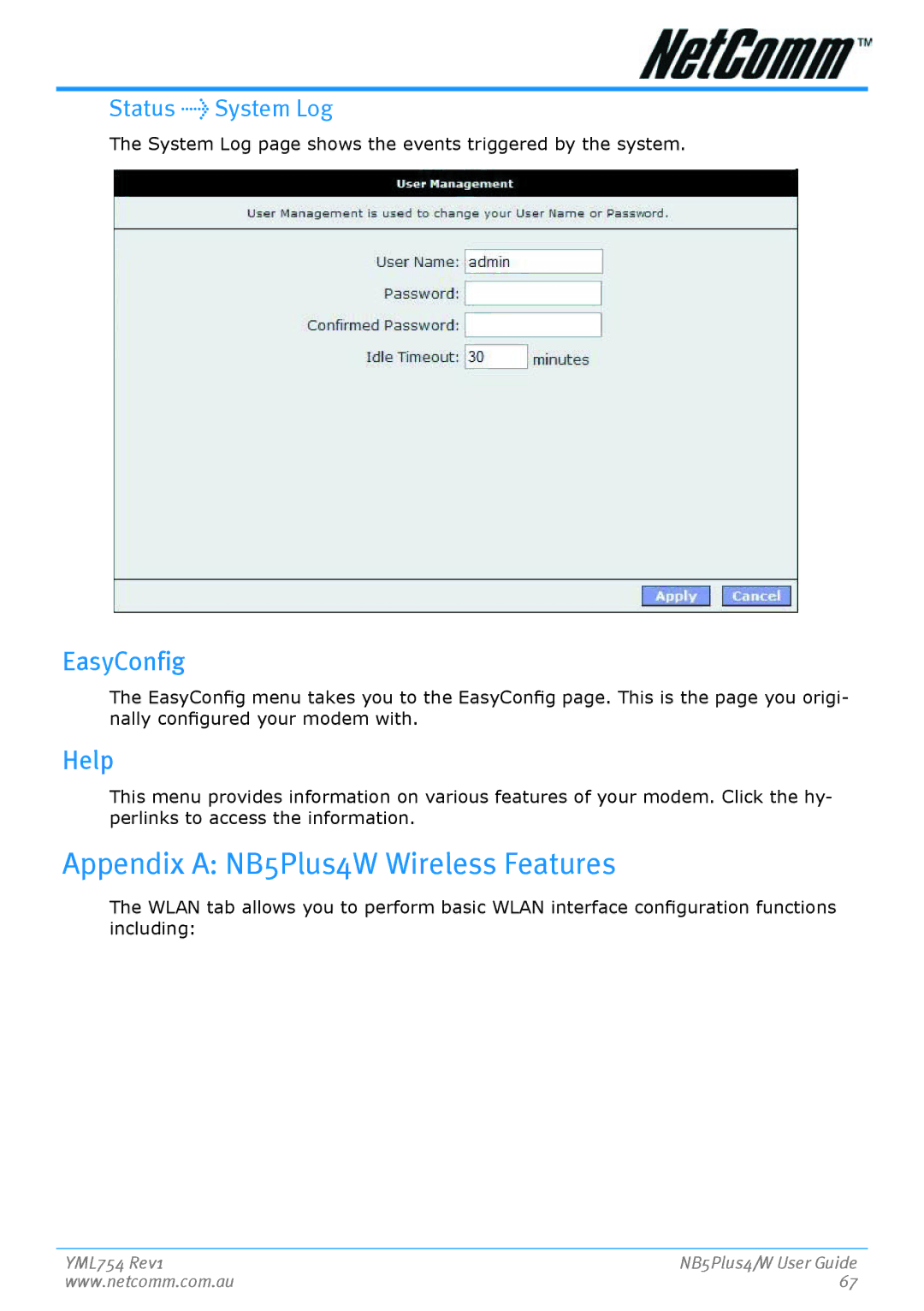 Nortel Networks NB5PLUS4/W manual Appendix a NB5Plus4W Wireless Features, EasyConfig, Help, Status System Log 