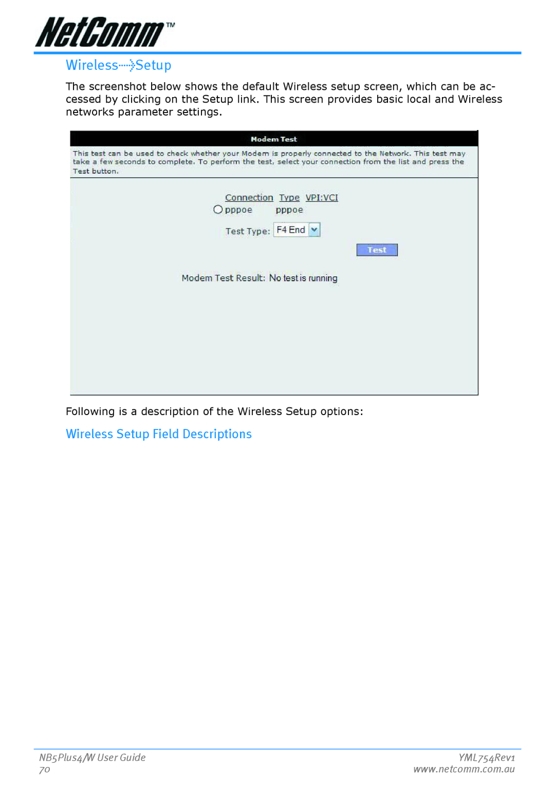 Nortel Networks NB5PLUS4/W manual WirelessSetup, Wireless Setup Field Descriptions 