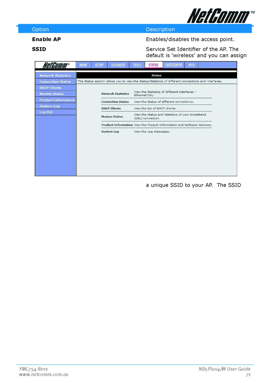 Nortel Networks NB5PLUS4/W manual En­able AP Enables/disables the access point, Ssid, Service Set Identifier of the AP 