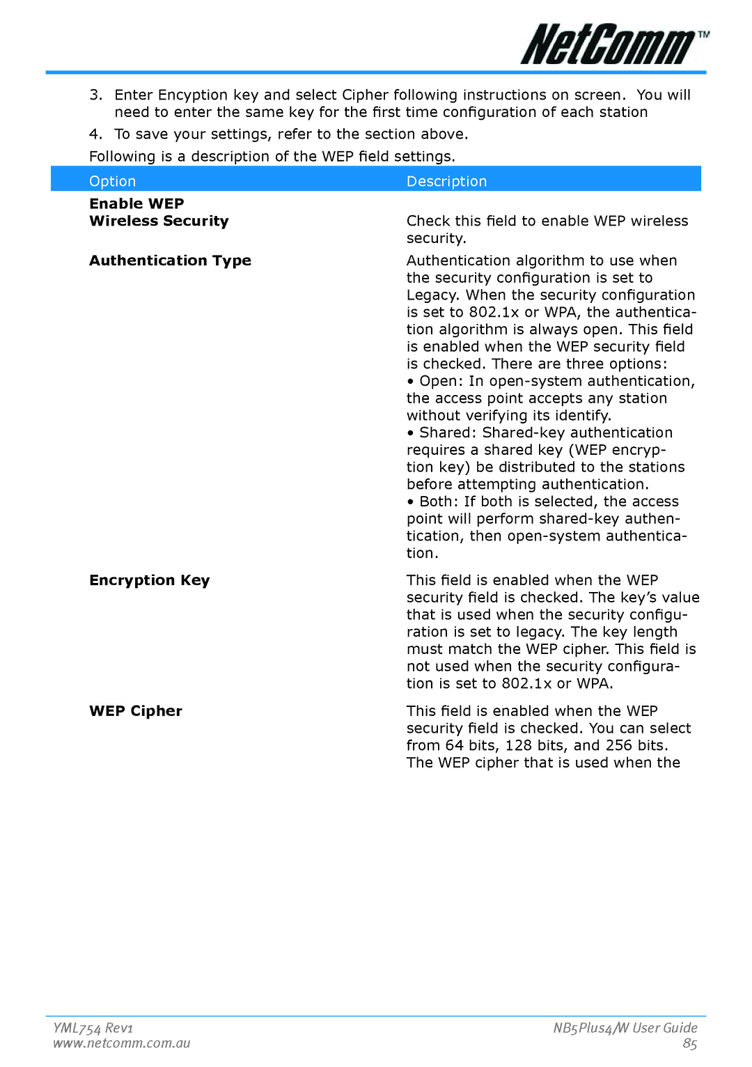 Nortel Networks NB5PLUS4/W manual En­able WEP Wireless Security, Authen­tication­ Type, En­cryption­ Key, WEP Cipher 