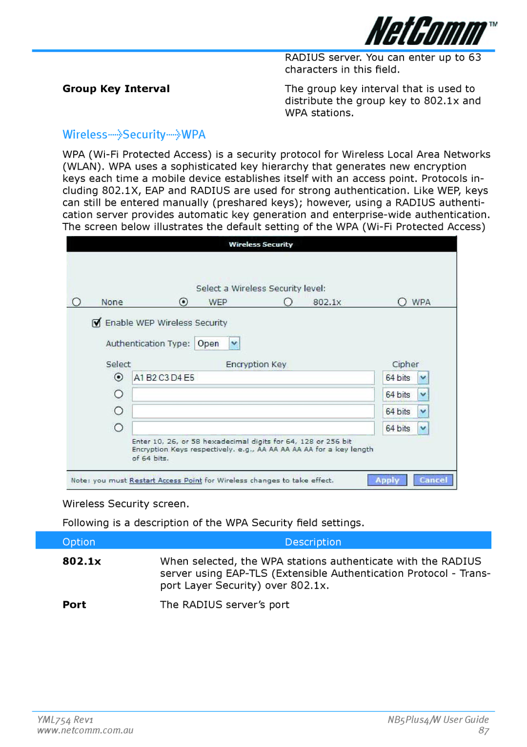 Nortel Networks NB5PLUS4/W manual WirelessSecurityWPA, Group Key In­terval 