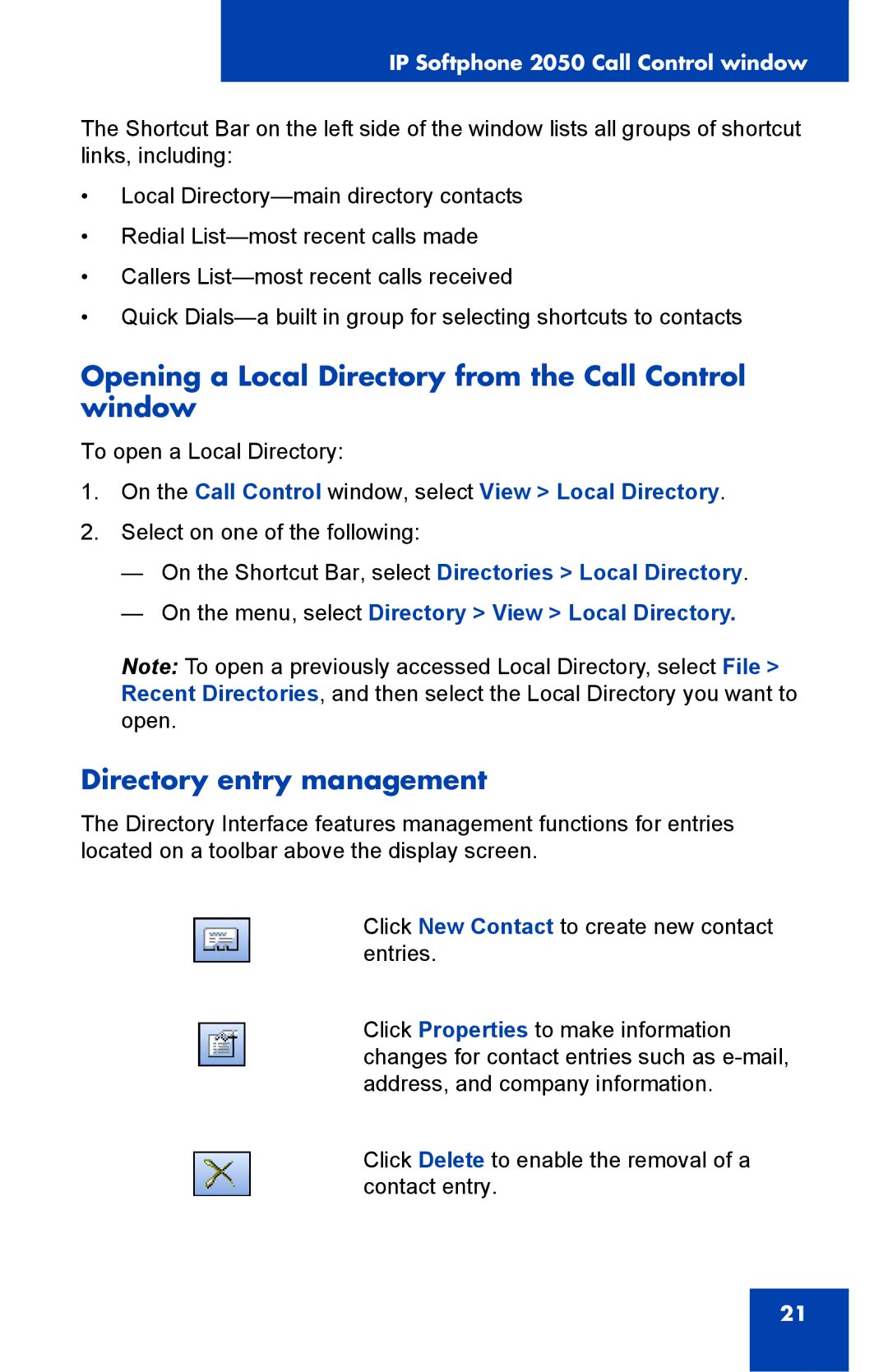 Nortel Networks NN-10300-053 manual Opening a Local Directory from the Call Control window, Directory entry management 