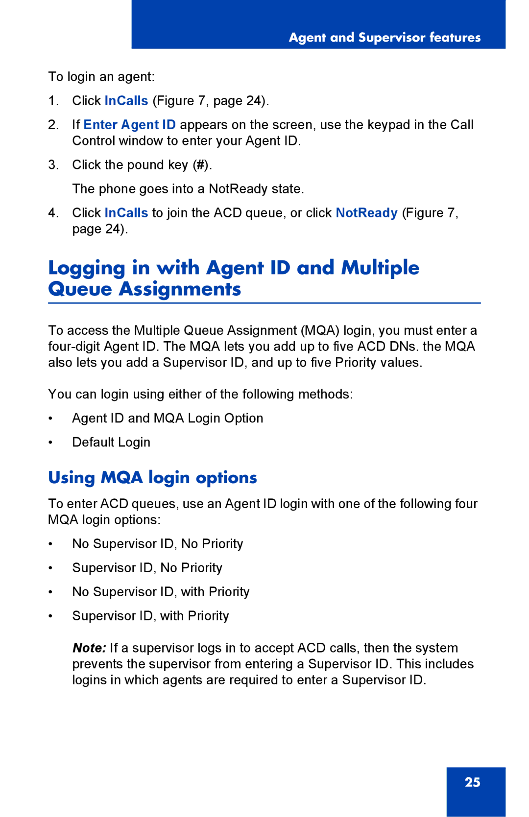 Nortel Networks NN-10300-053 manual Logging in with Agent ID and Multiple Queue Assignments, Using MQA login options 