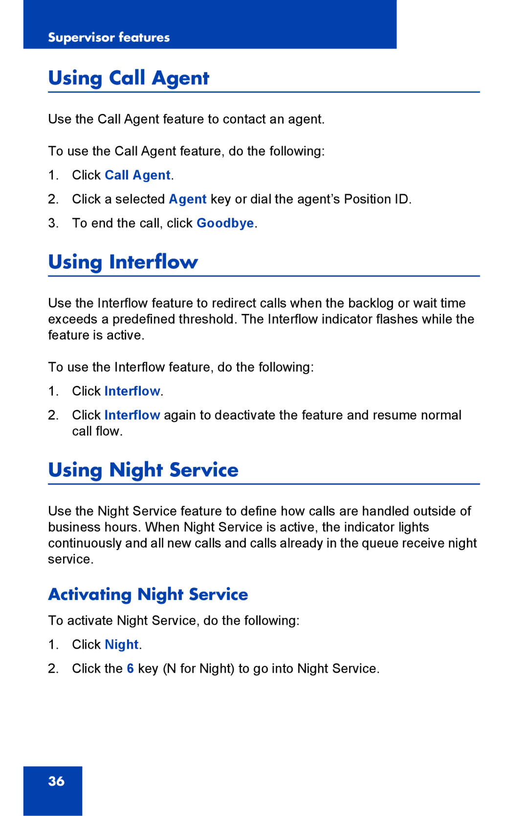 Nortel Networks NN-10300-053 manual Using Call Agent, Using Interflow, Using Night Service, Activating Night Service 