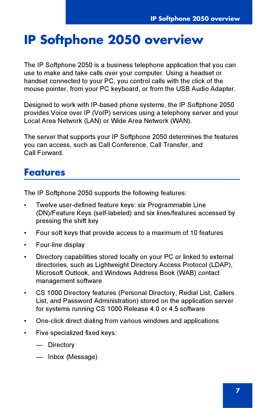 Nortel Networks NN-10300-053 manual IP Softphone 2050 overview, Features 