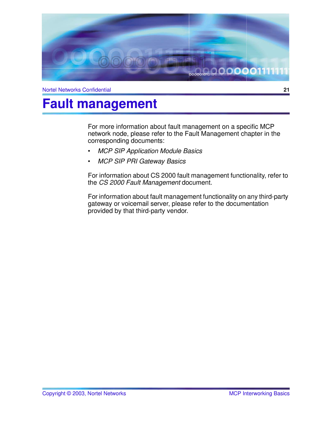 Nortel Networks NN10033-111 manual Fault management 