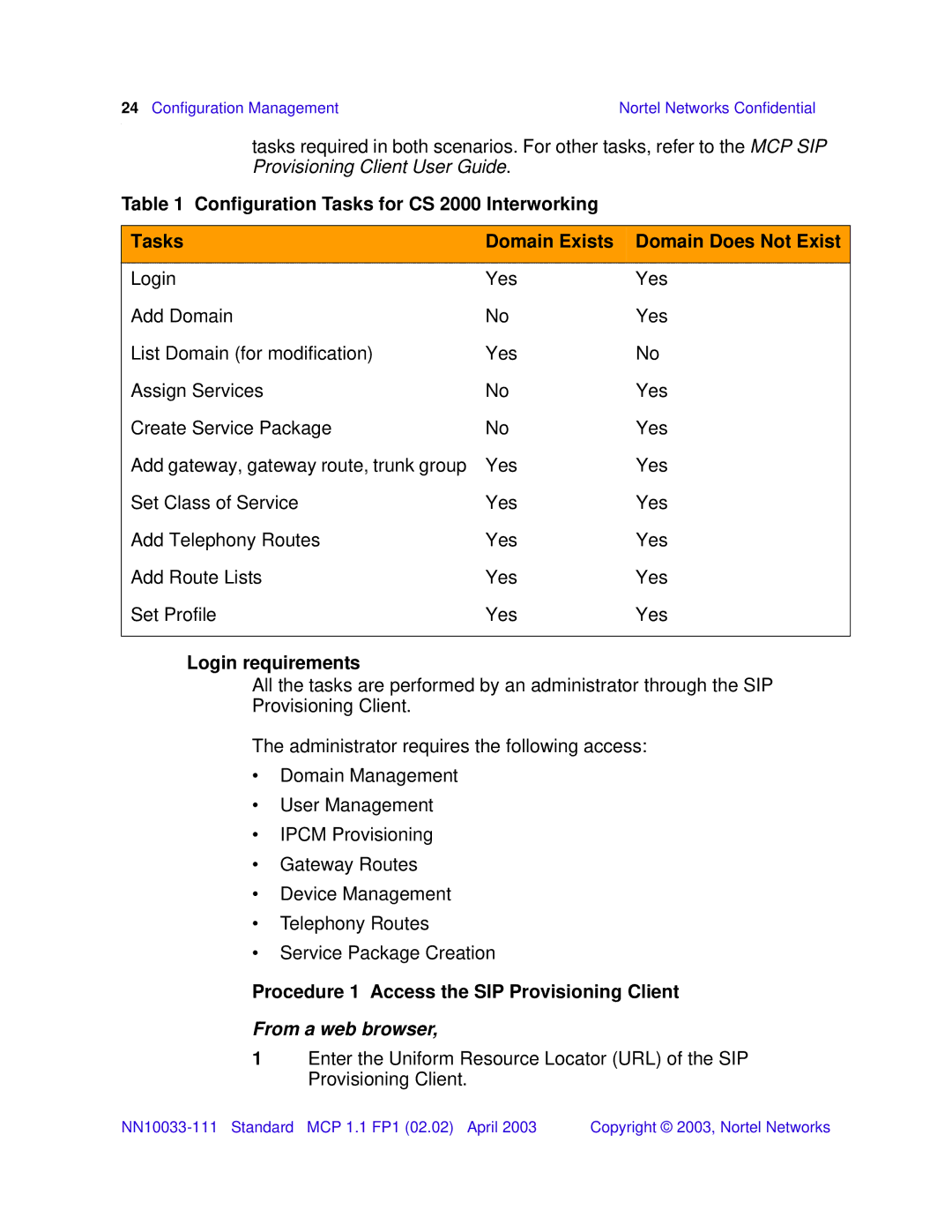 Nortel Networks NN10033-111 manual Login requirements, Procedure 1 Access the SIP Provisioning Client 