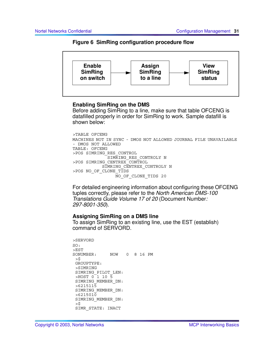 Nortel Networks NN10033-111 manual Assign, SimRing On switch To a line, Enabling SimRing on the DMS 