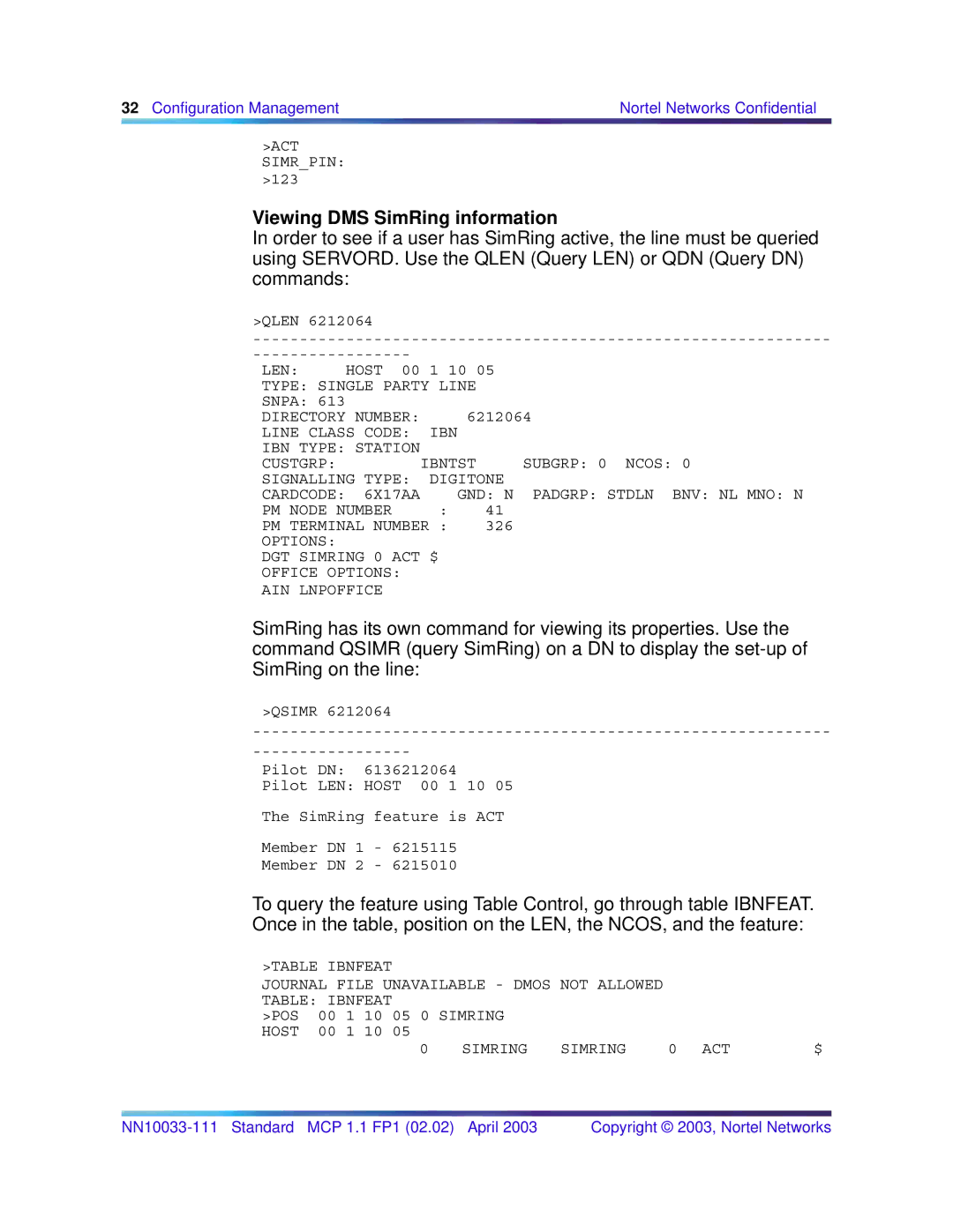 Nortel Networks NN10033-111 manual Viewing DMS SimRing information, Simring ACT 