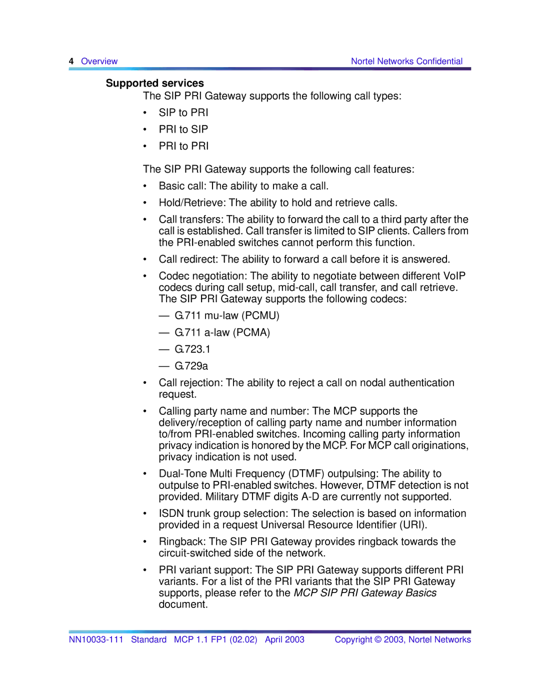 Nortel Networks NN10033-111 manual Supported services 