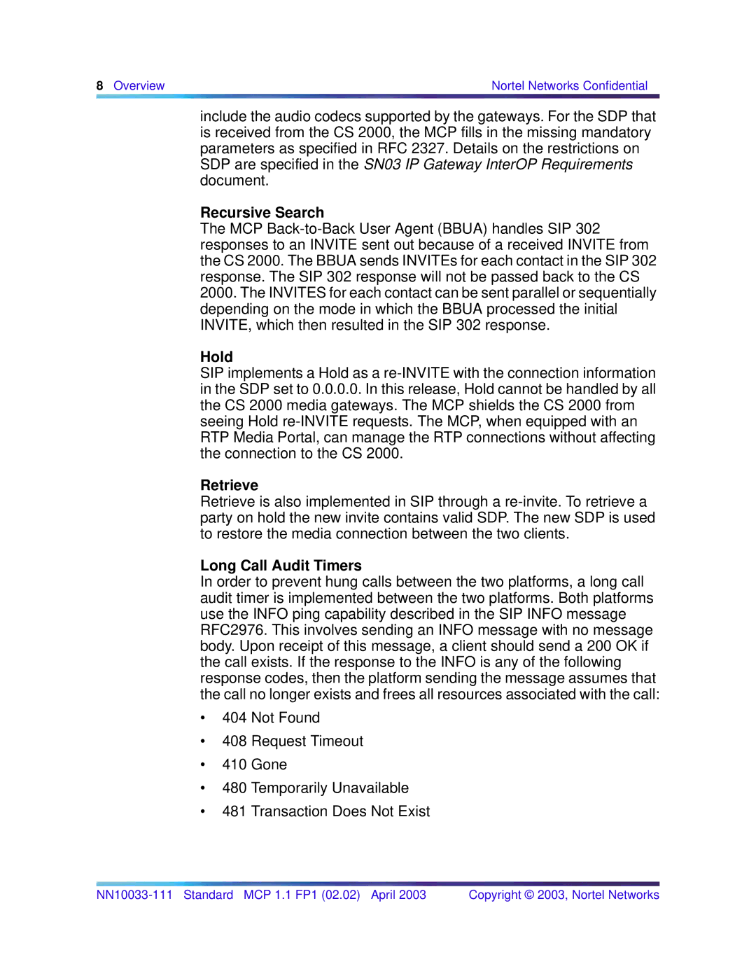 Nortel Networks NN10033-111 manual Recursive Search, Hold, Retrieve, Long Call Audit Timers 