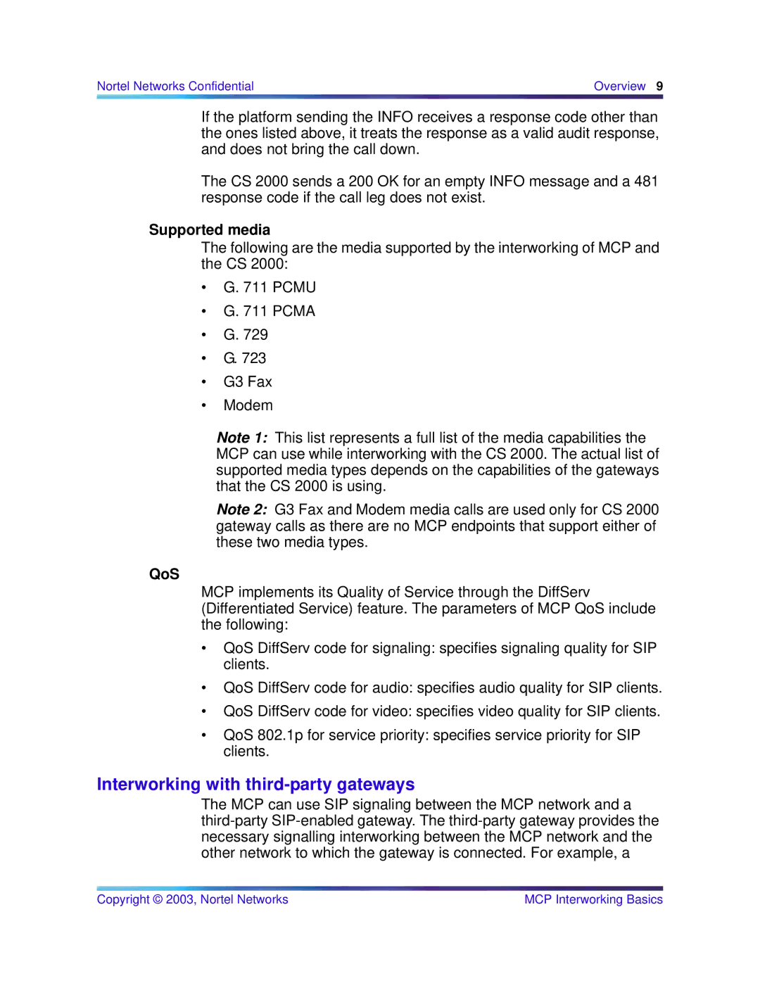 Nortel Networks NN10033-111 manual Interworking with third-party gateways, Supported media, QoS 