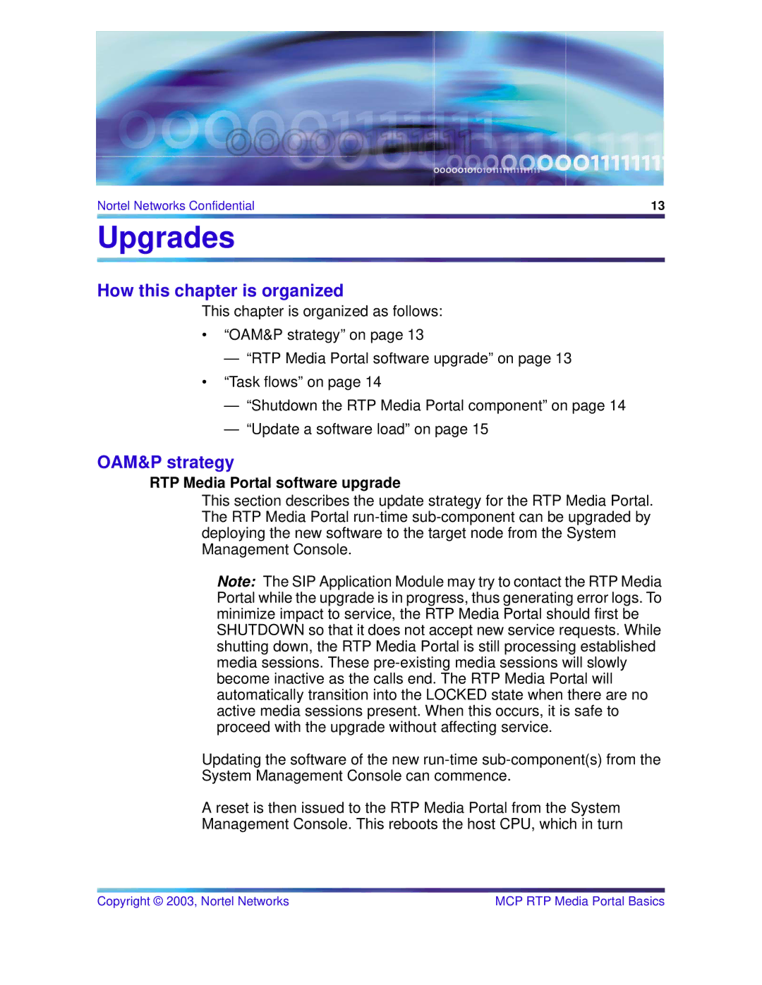 Nortel Networks MCP 1.1 FP1(02.02), NN10035-111 manual Upgrades, OAM&P strategy, RTP Media Portal software upgrade 