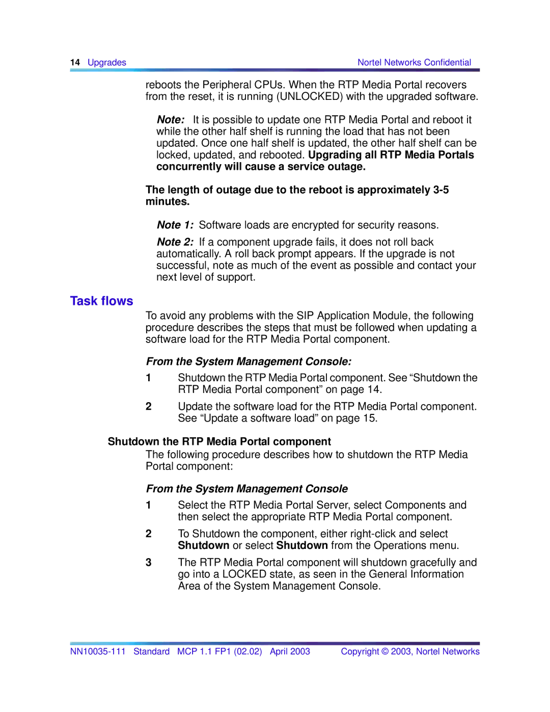 Nortel Networks NN10035-111, MCP 1.1 FP1(02.02) manual Task flows, Shutdown the RTP Media Portal component 