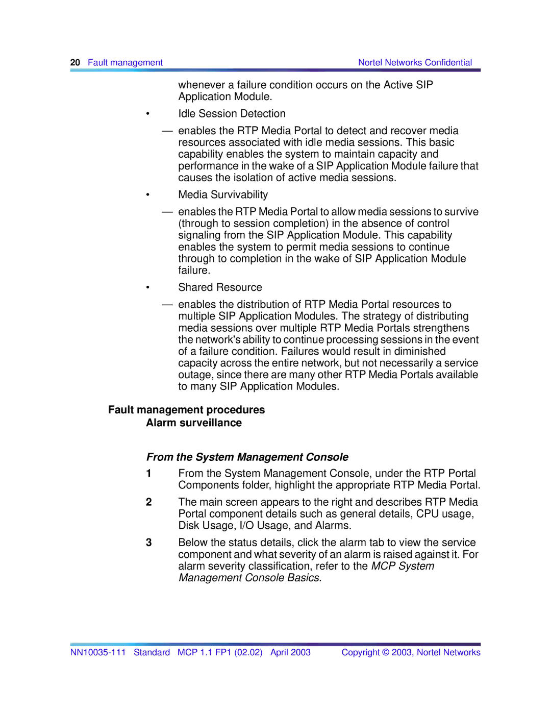 Nortel Networks NN10035-111, MCP 1.1 FP1(02.02) manual Fault management procedures Alarm surveillance 