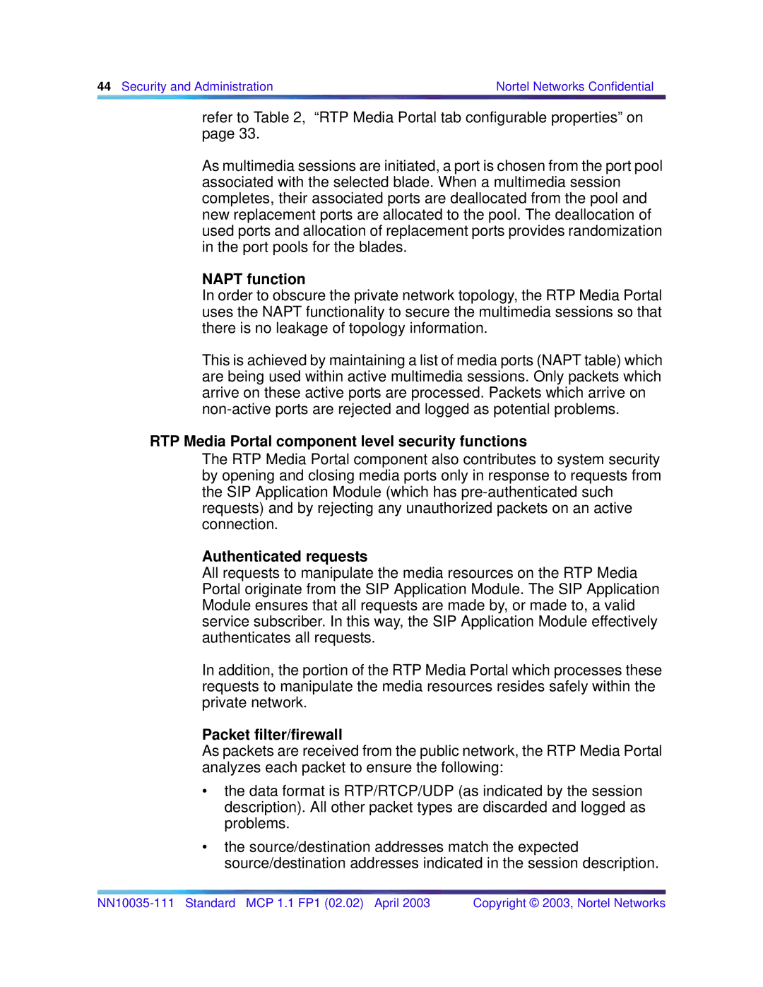 Nortel Networks NN10035-111 Napt function, RTP Media Portal component level security functions, Authenticated requests 